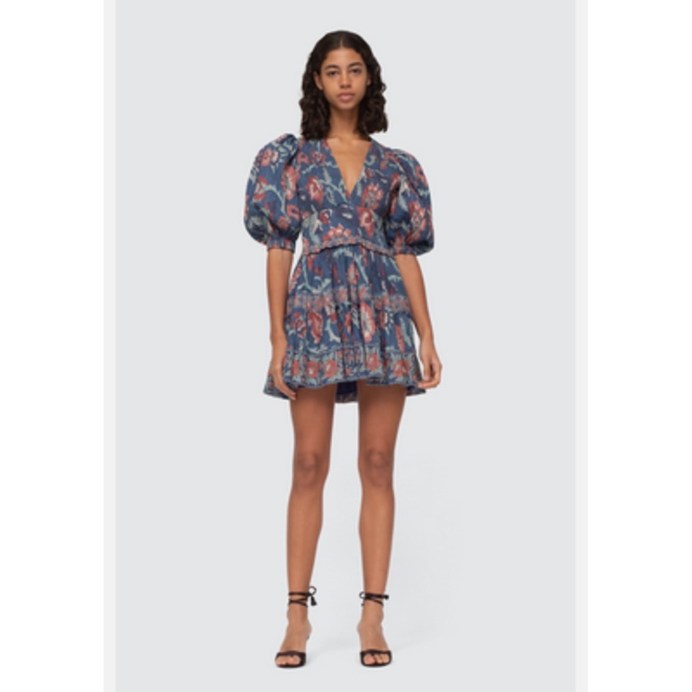 SEA NEW YORK Sz S Rory Floral Smocked Tiered Puff Sleeve Mini Dress Pockets